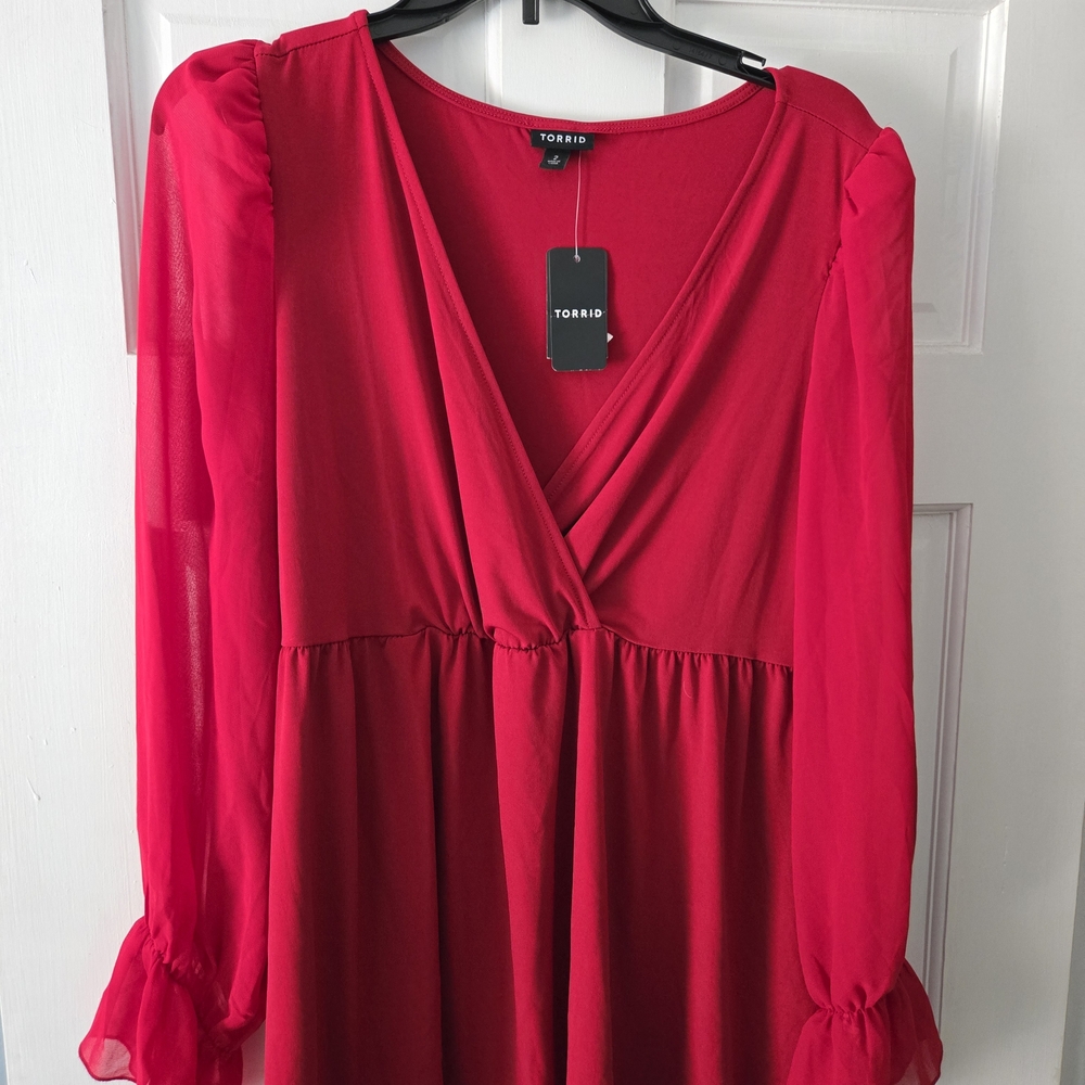 Torrid Women's Long Sheer Sleeves, V-Neck Wrap-Look, Empire Waist, Red